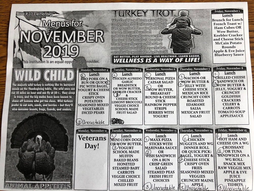 HSES Lunch Menu for 11/1-11/15