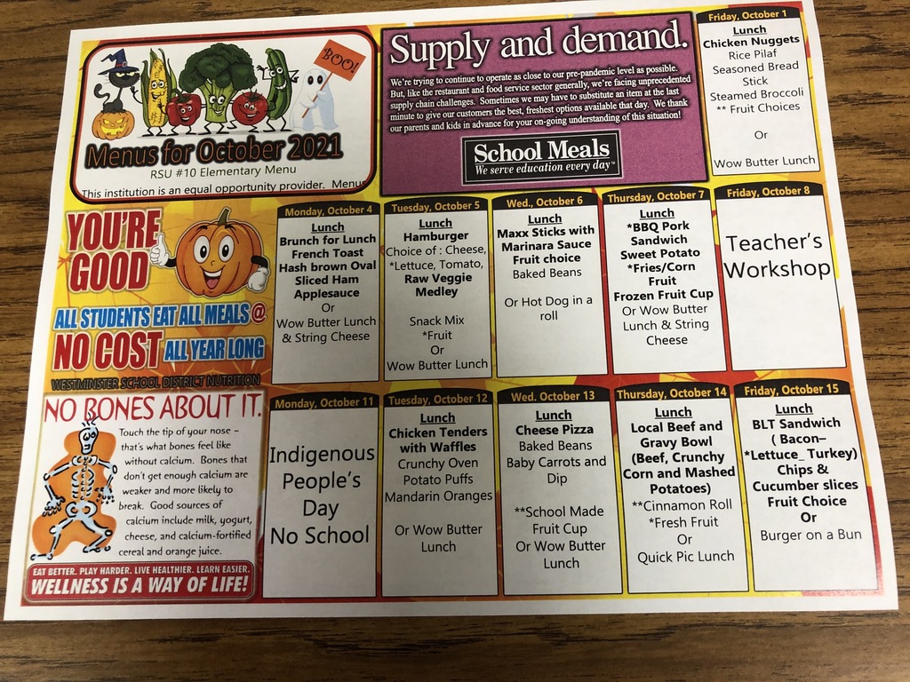 October Lunch Menu 1-15